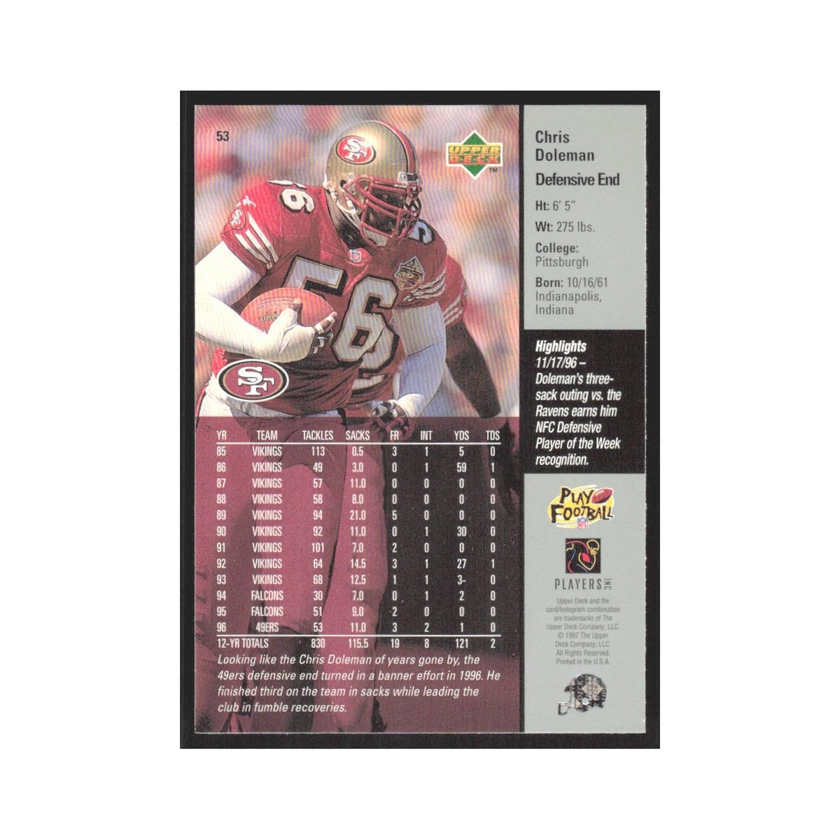 1997 Upper Deck Chris Doleman 49ers #53