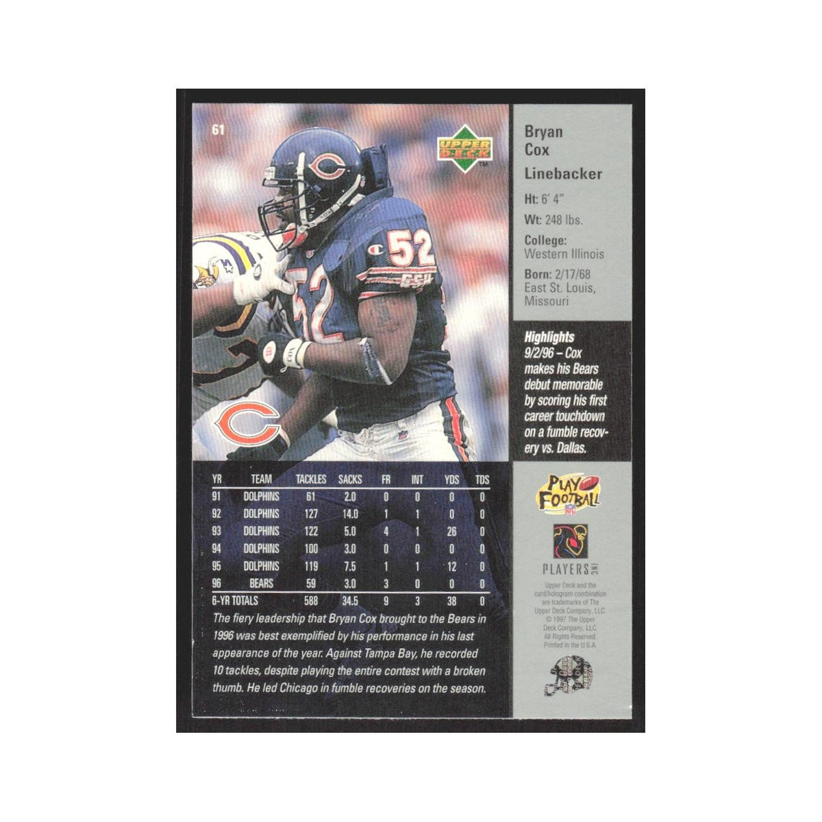 1997 Upper Deck Bryan Cox Bears #61