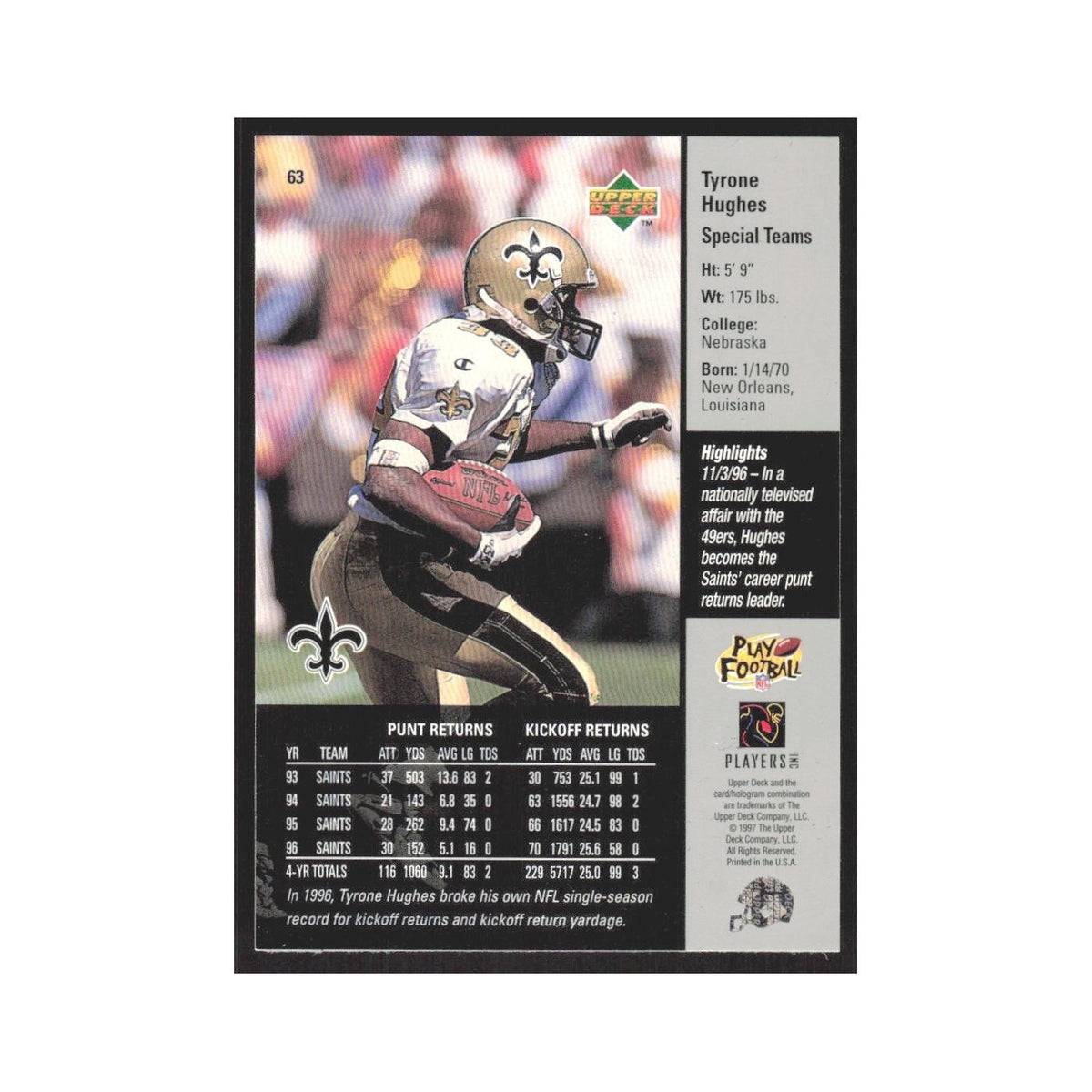 1997 Upper Deck Tyrone Hughes Bears #63