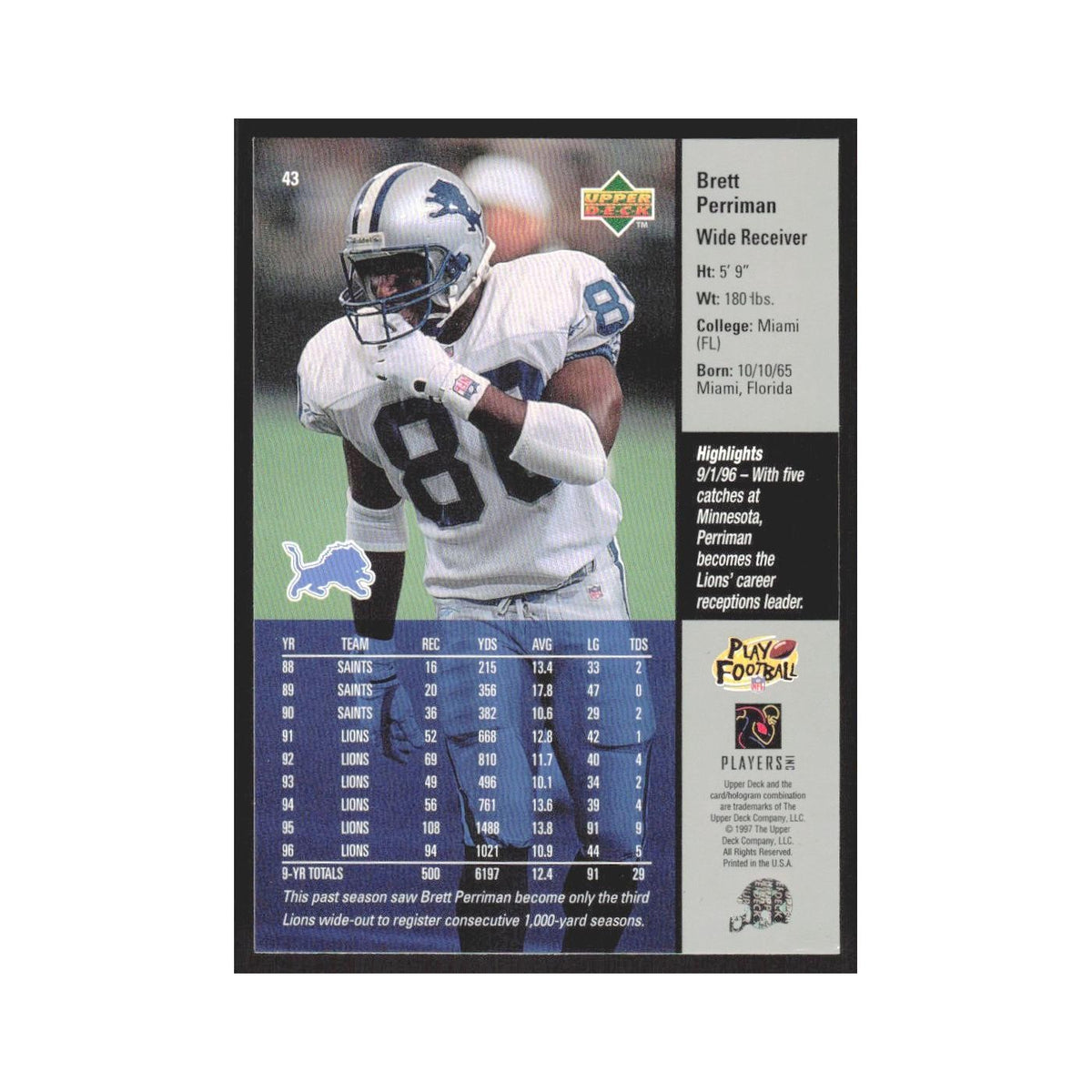 1997 Upper Deck Brett Perriman Chiefs #43