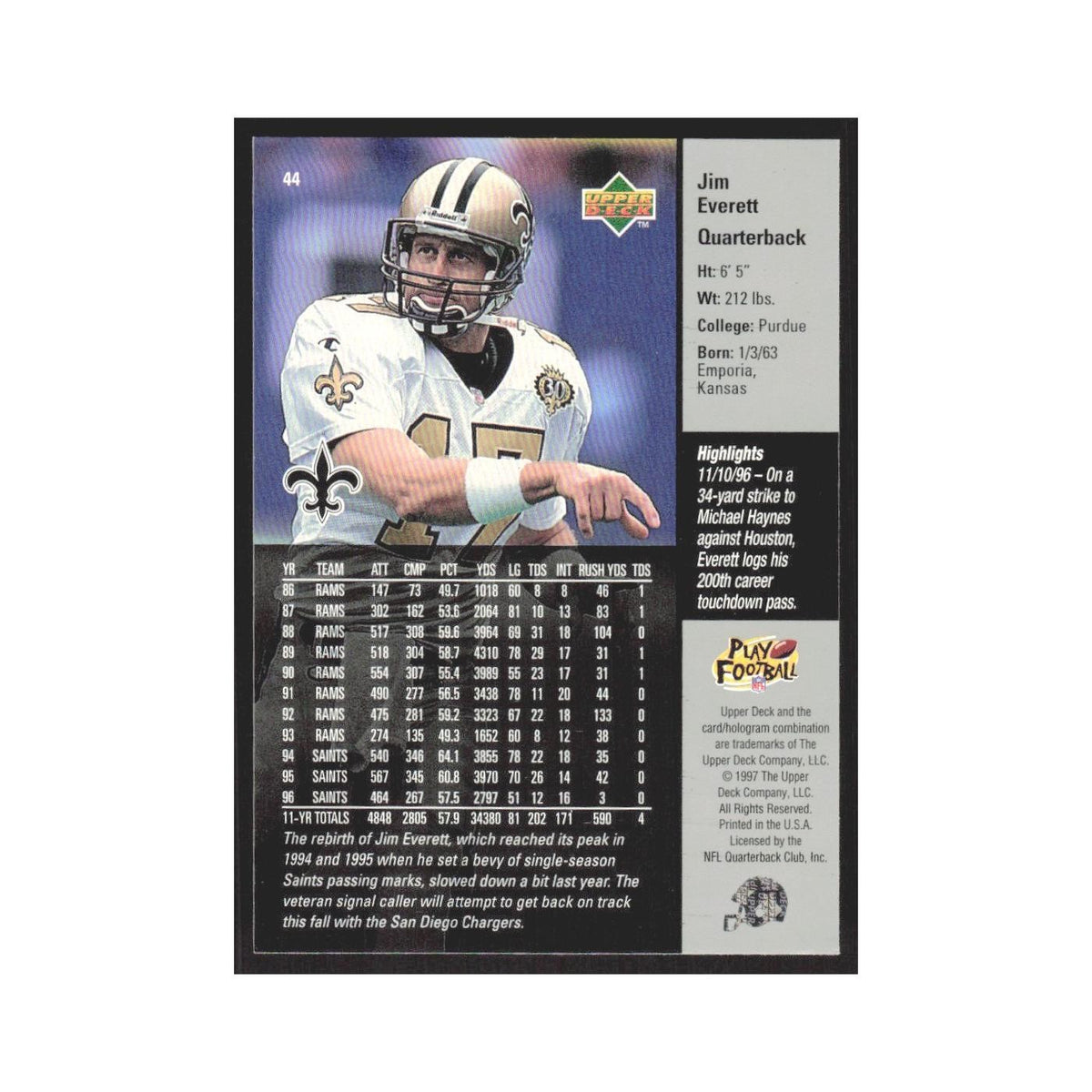 1997 Upper Deck Jim Everett San Diego Chargers #44