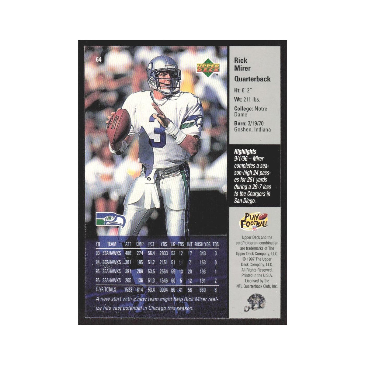 1997 Upper Deck Rick Mirer Bears #64