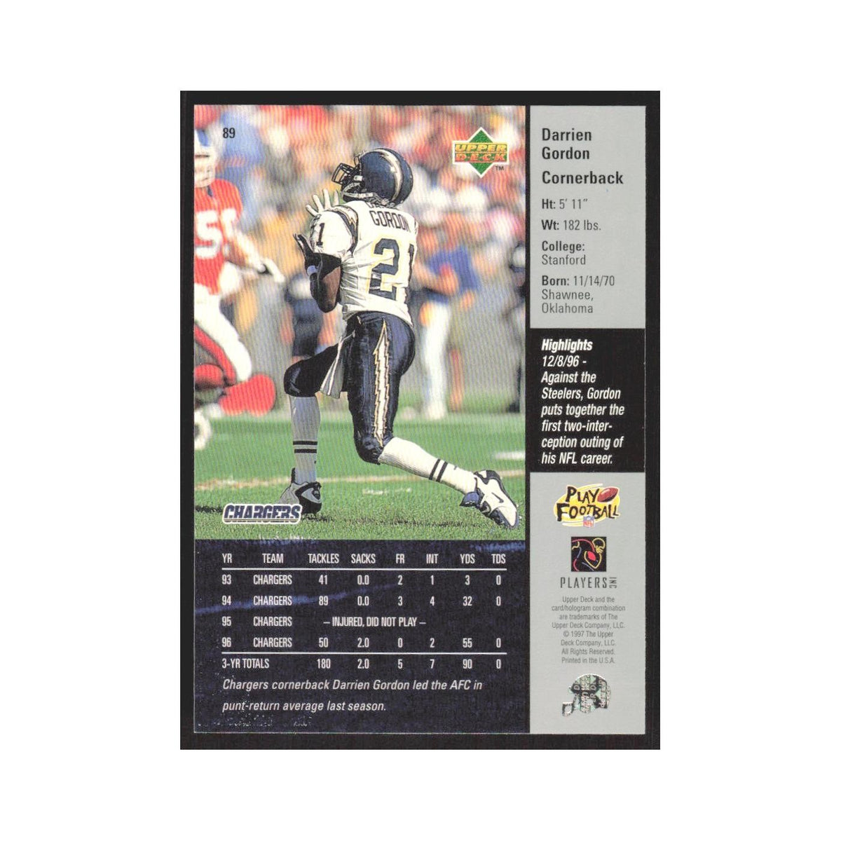 1997 Upper Deck Darrien Gordon Broncos #89