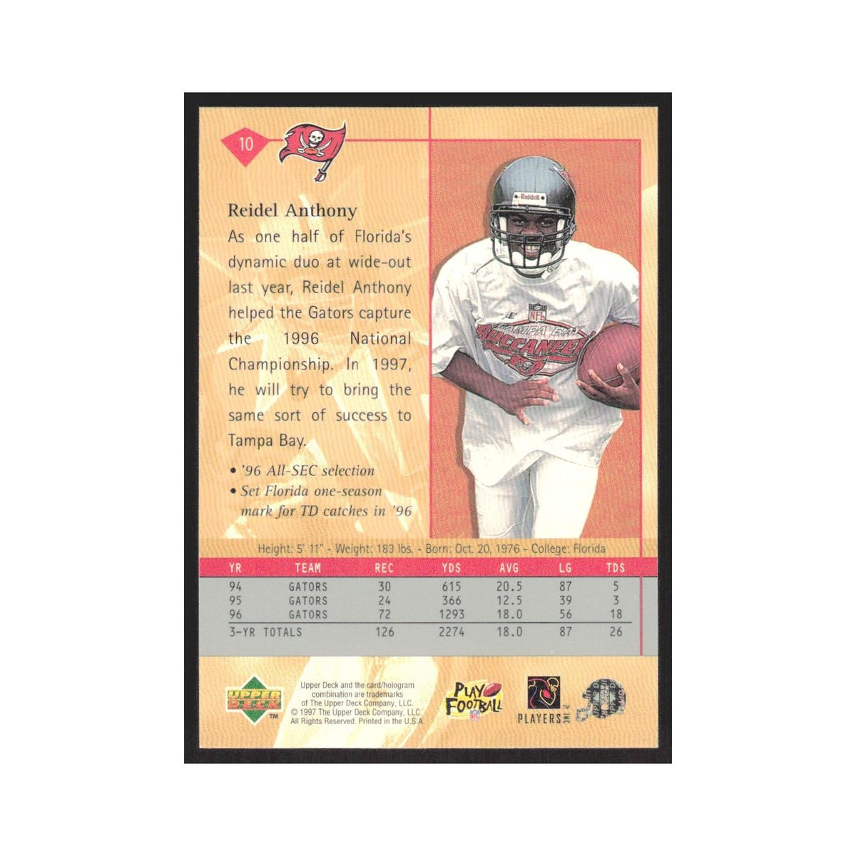 1997 Upper Deck Reidel Anthony RC Buccaneers #10