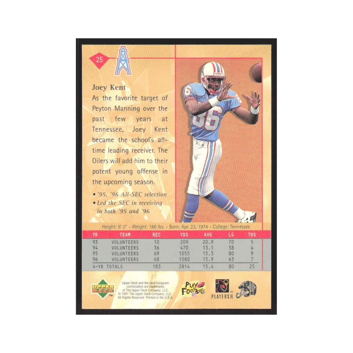 1997 Upper Deck Joey Kent RC Houston Oilers #25