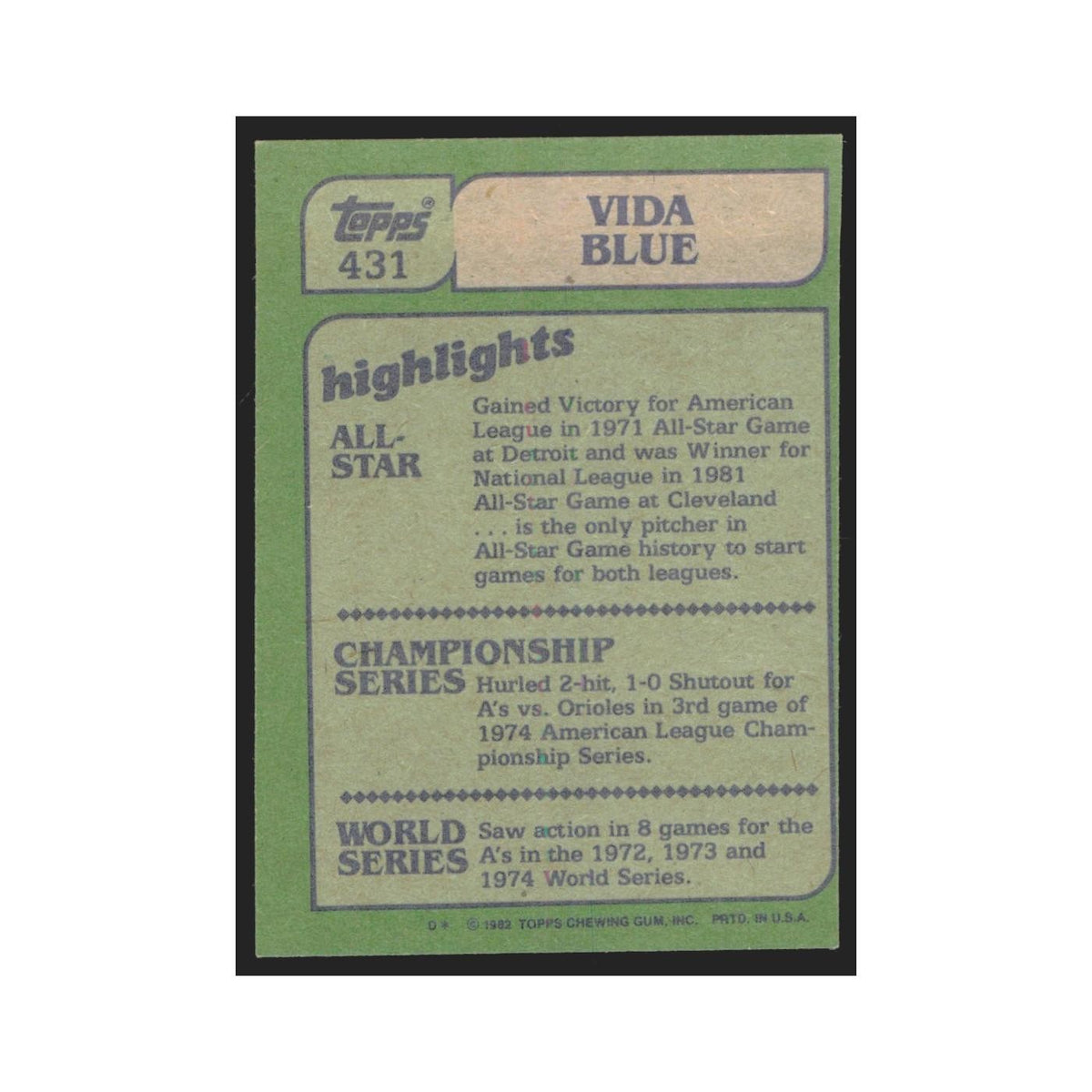 1982 Topps Vida Blue Giants #431