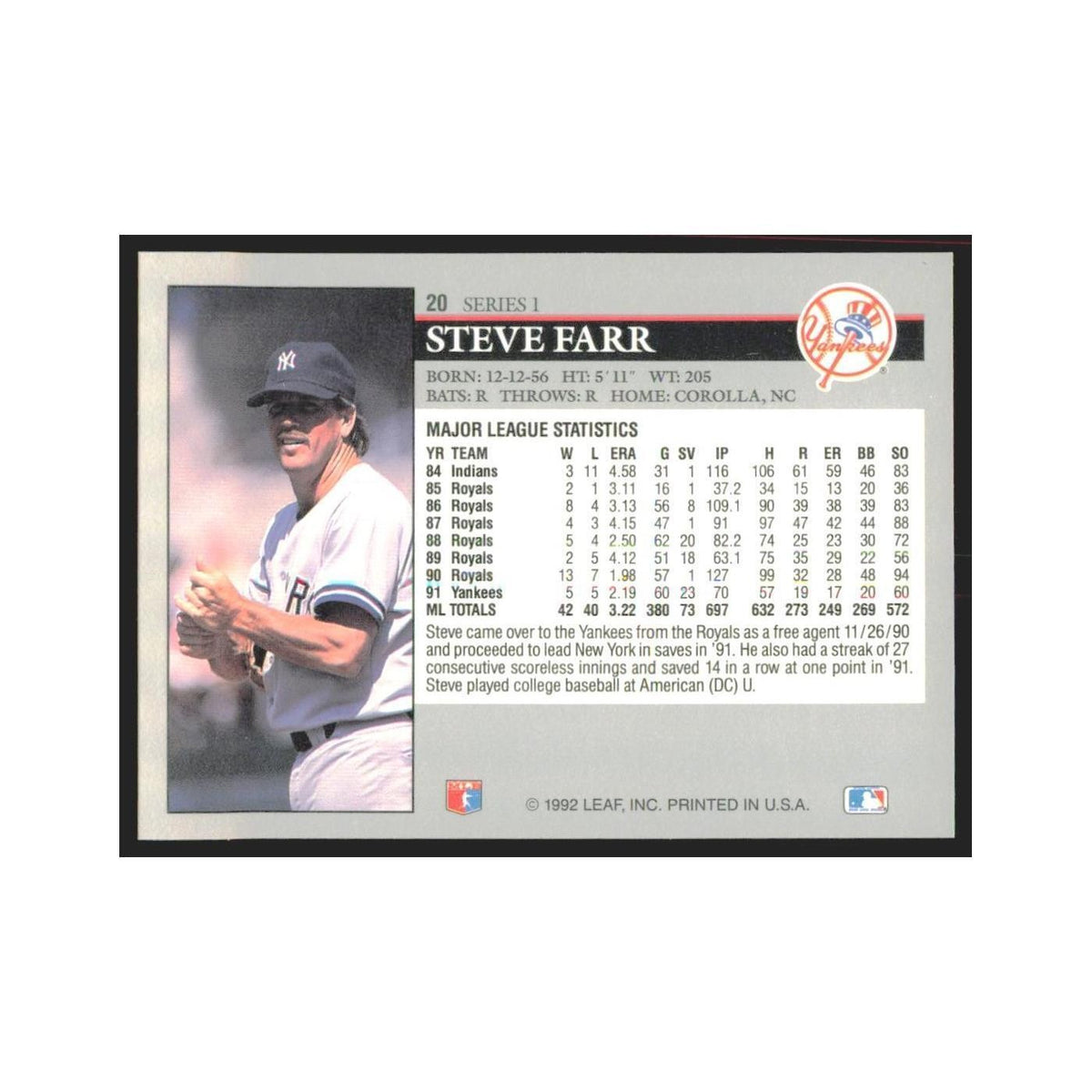 1992 Leaf Steve Farr Yankees #20.0