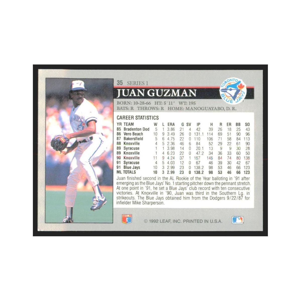 1992 Leaf Juan Guzman Blue Jays #35.0