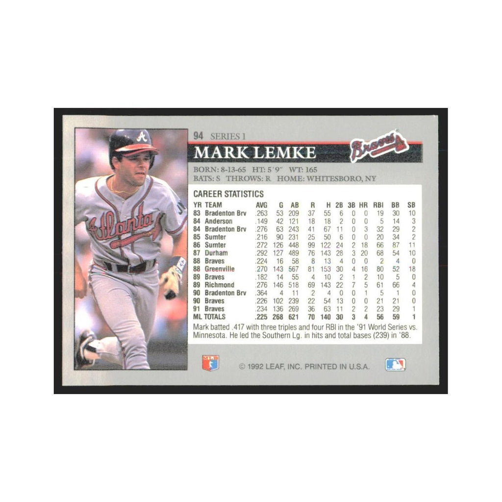 1992 Leaf Mark Lemke Braves #94.0