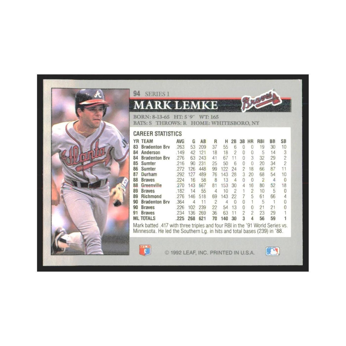 1992 Leaf Mark Lemke Braves #94.0