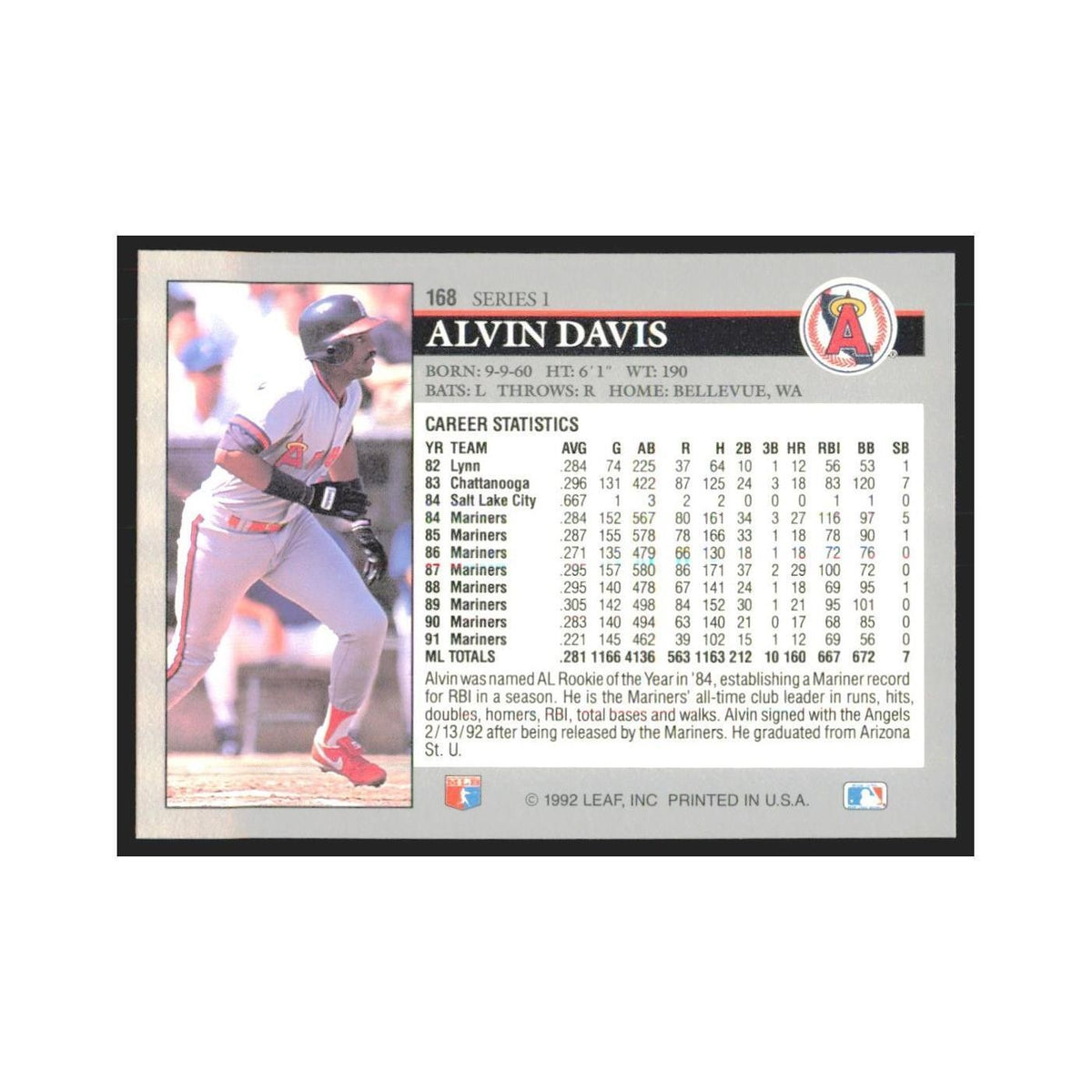 1992 Leaf Alvin Davis Angels #168.0