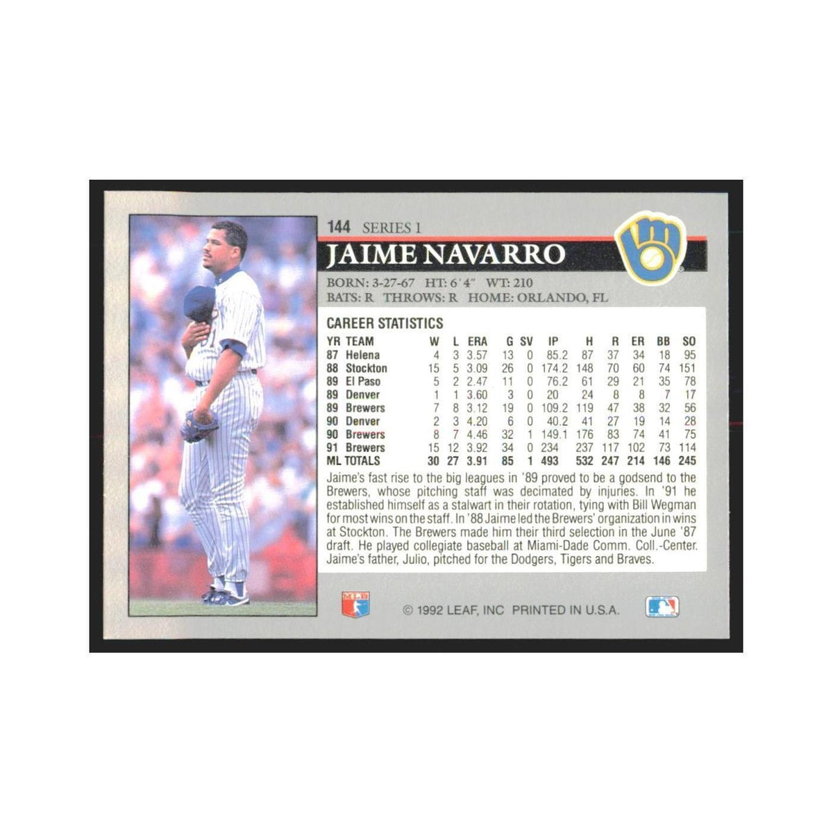 1992 Leaf Jaime Navarro Brewers #144.0