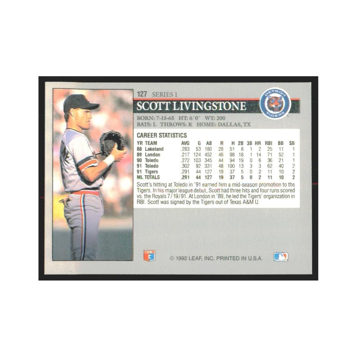 1992 Leaf Scott Livingstone Tigers #127.0