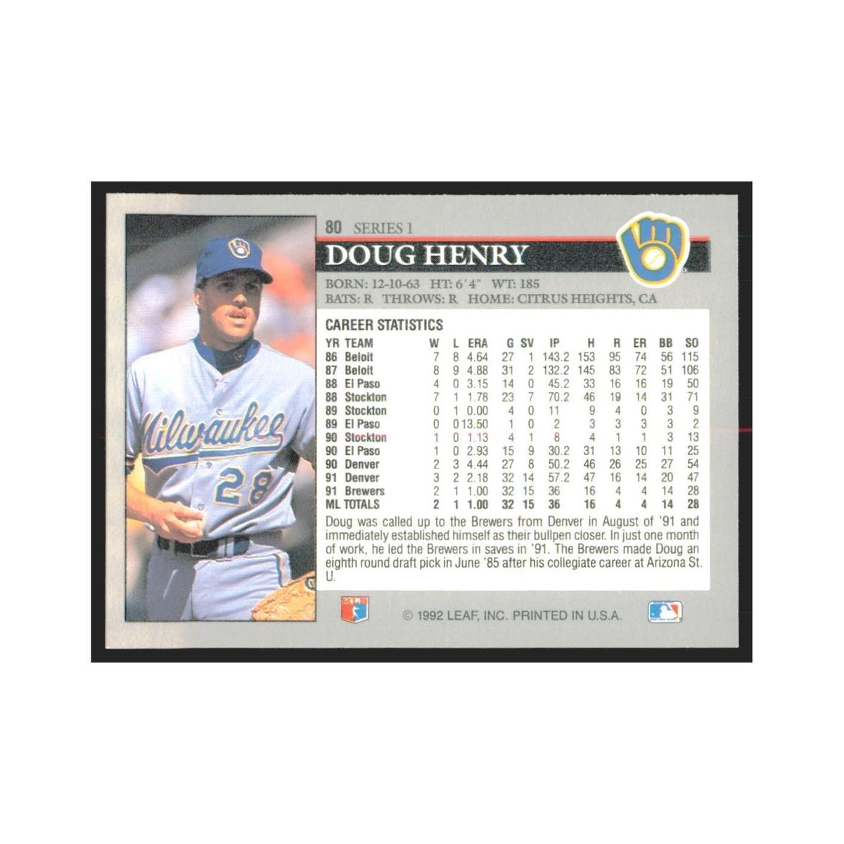 1992 Leaf Doug Henry Brewers #80.0