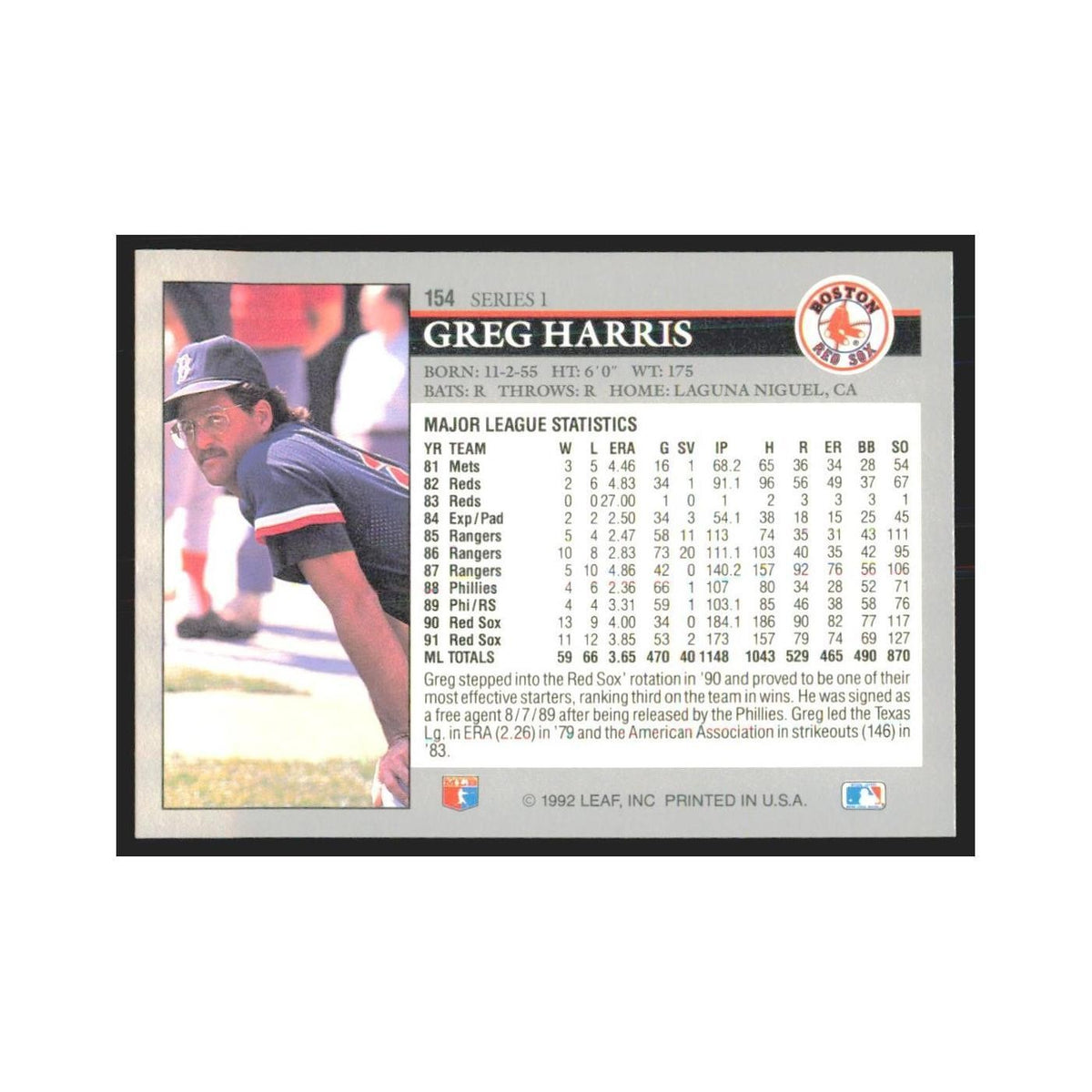 1992 Leaf Greg Harris Red Sox #154.0