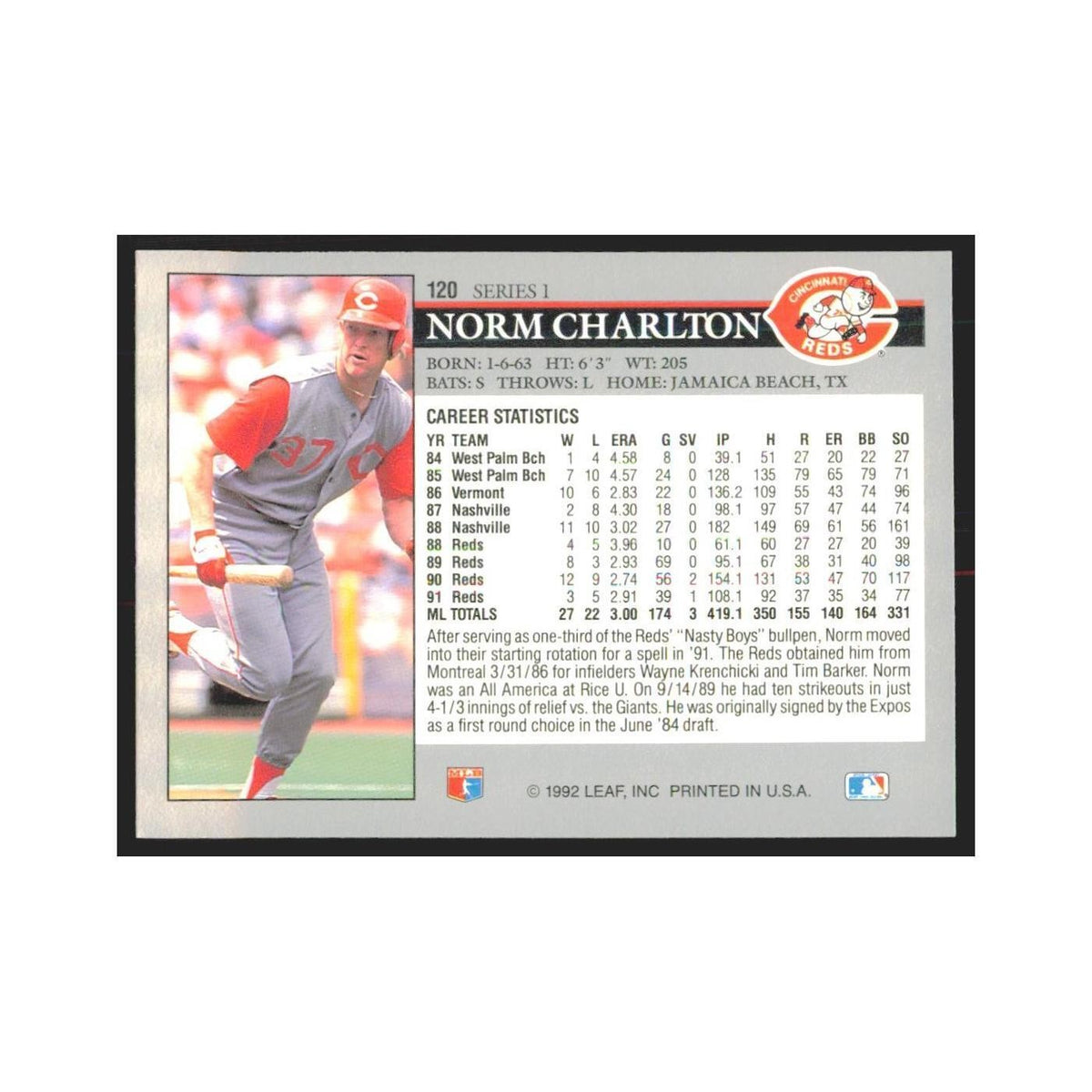 1992 Leaf Norm Charlton Reds #120.0