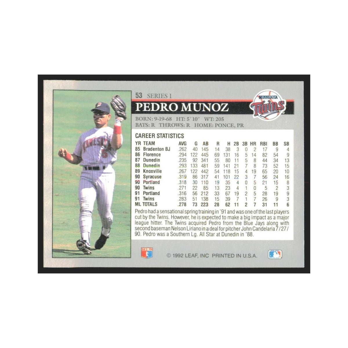 1992 Leaf Pedro Munoz Twins #53.0