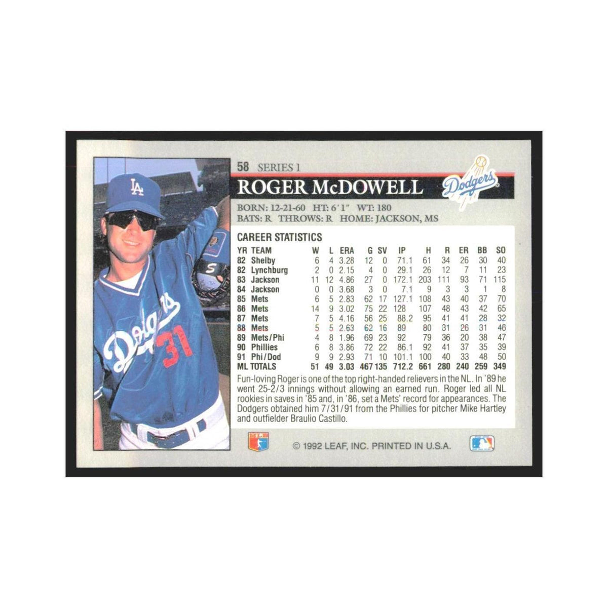 1992 Leaf Roger McDowell Dodgers #58.0
