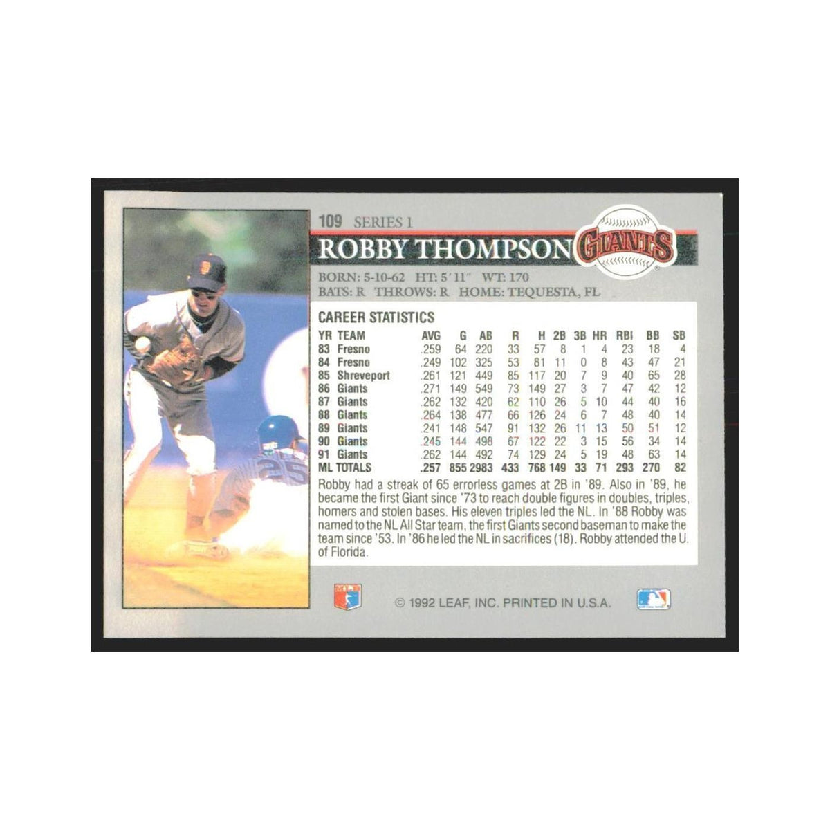1992 Leaf Robby Thompson Giants #109.0