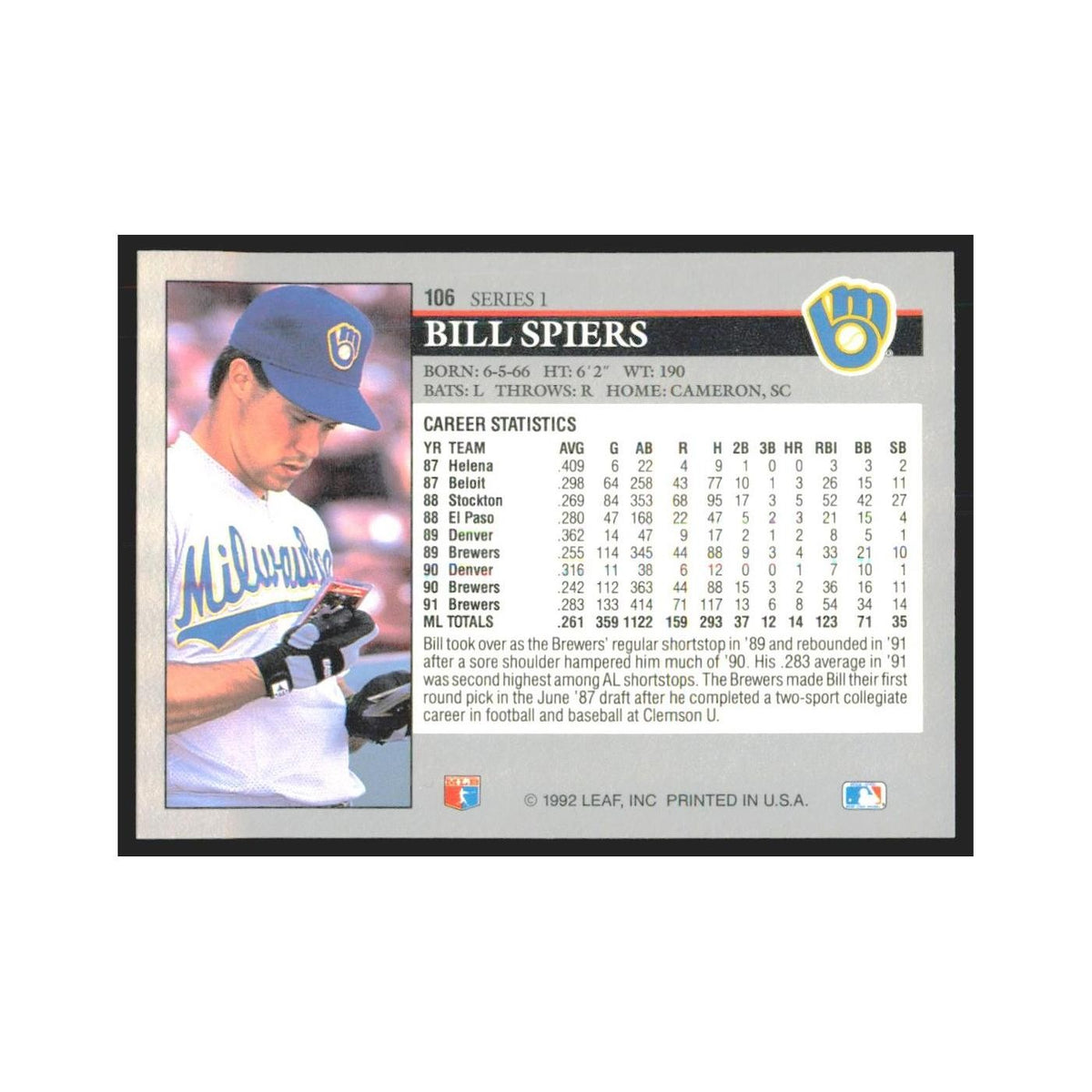 1992 Leaf Bill Spiers Brewers #106.0