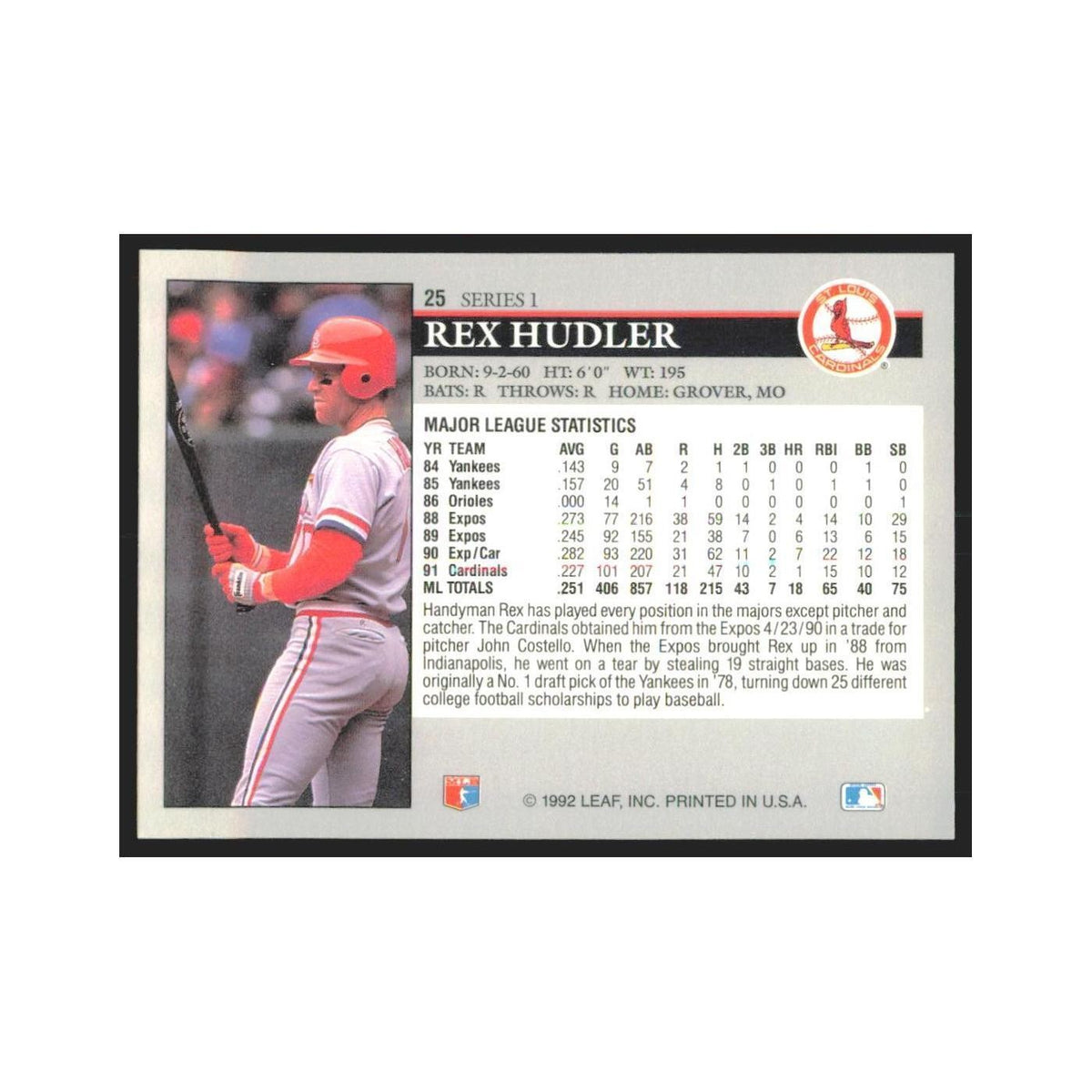 1992 Leaf Rex Hudler Cardinals #25.0