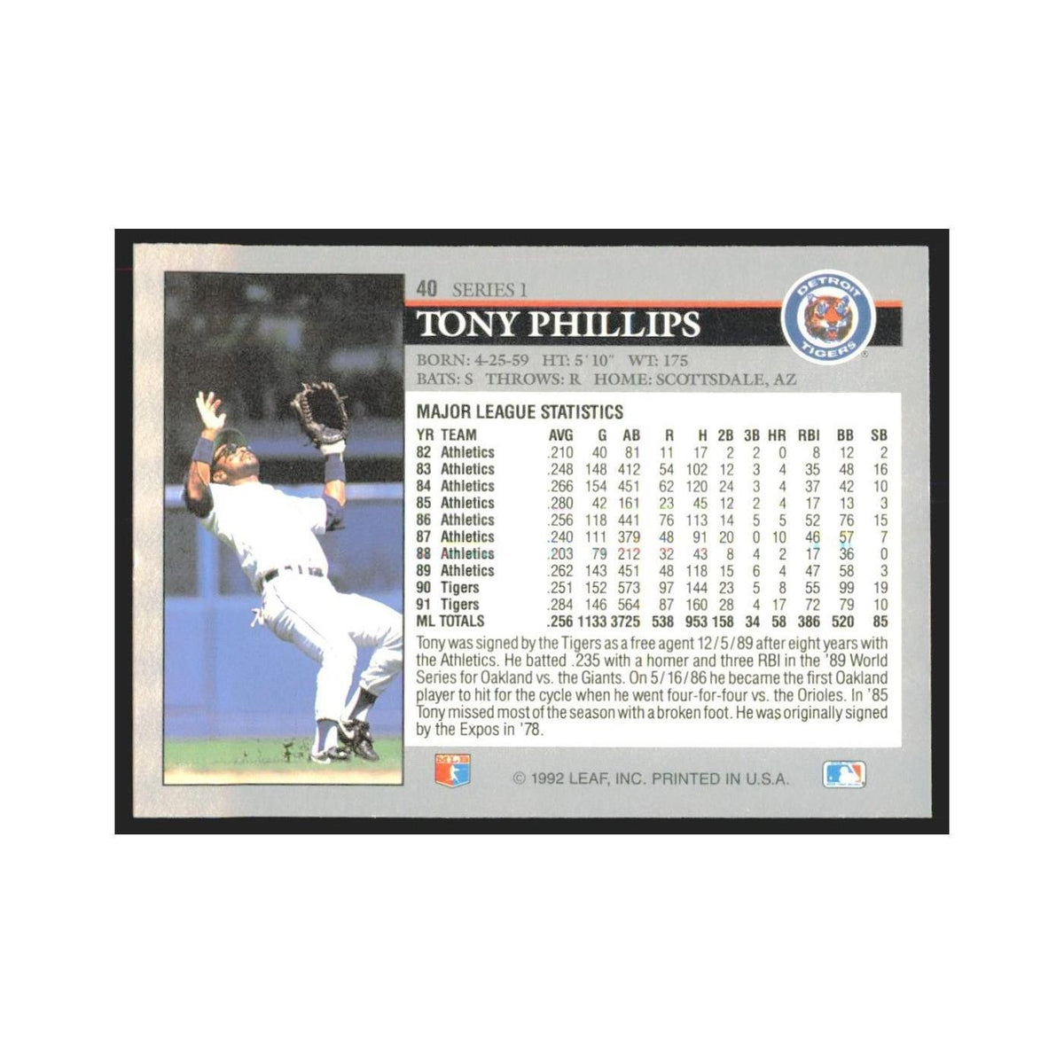 1992 Leaf Tony Phillips Tigers #40.0