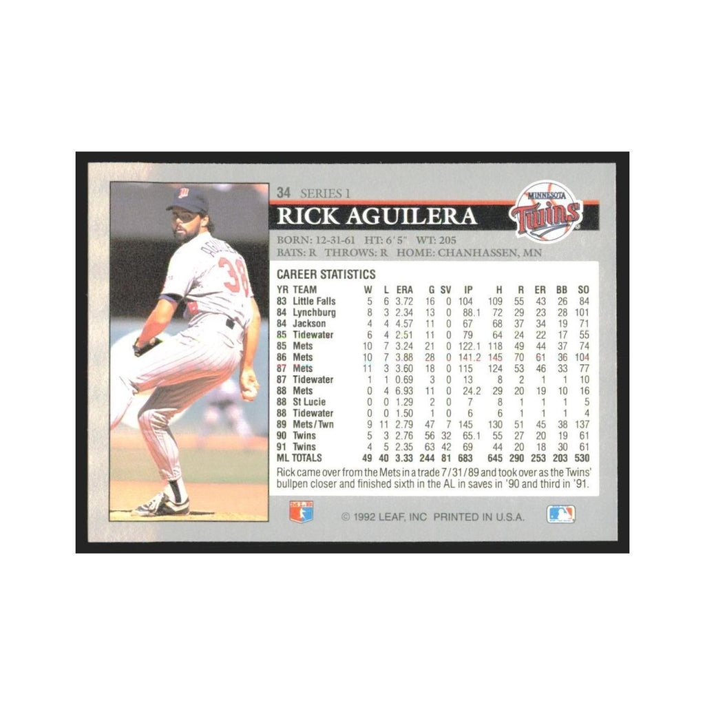 1992 Leaf Rick Aguilera Twins #34.0