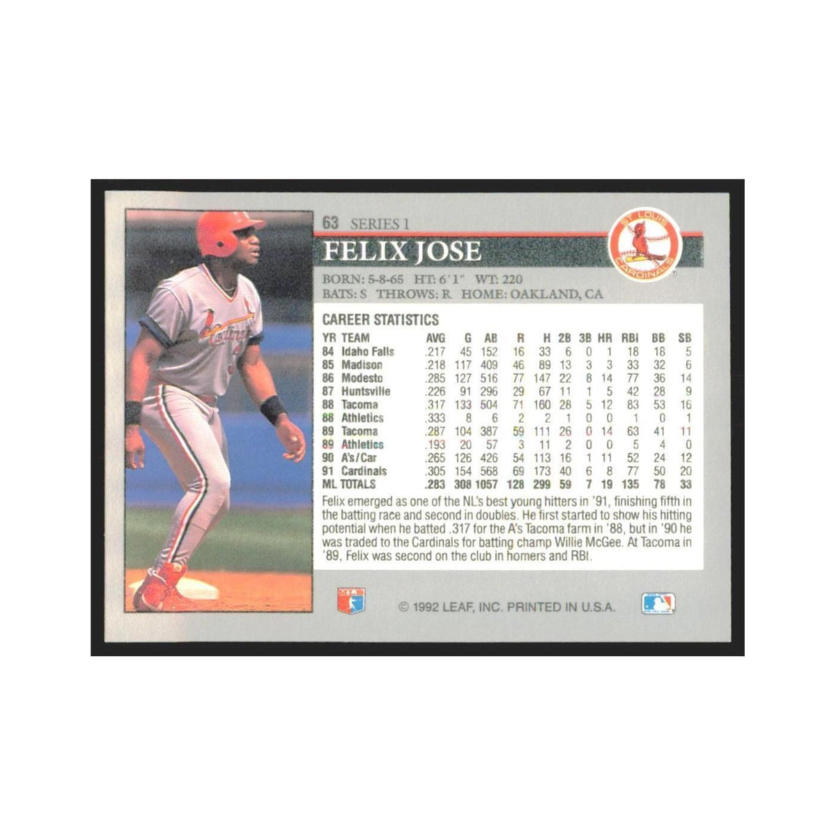 1992 Leaf Felix Jose Cardinals #63.0