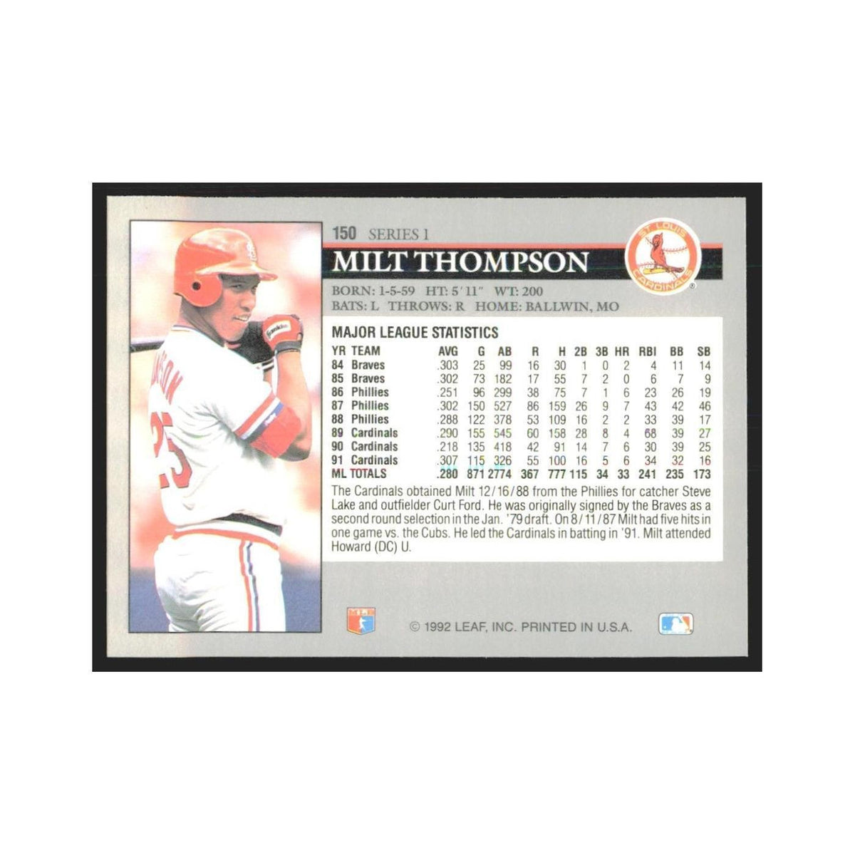 1992 Leaf Milt Thompson Cardinals #150.0