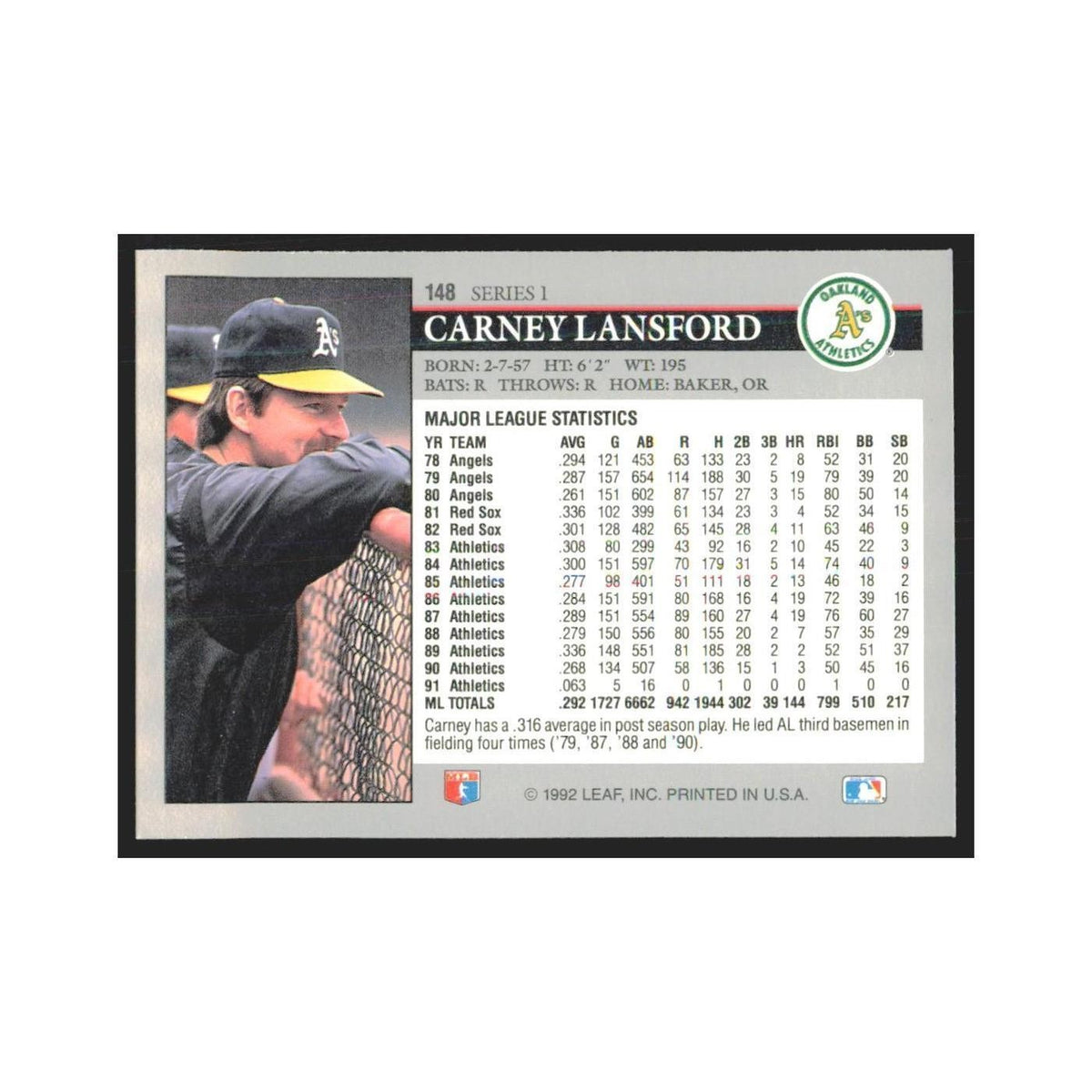 1992 Leaf Carney Lansford Athletics #148.0