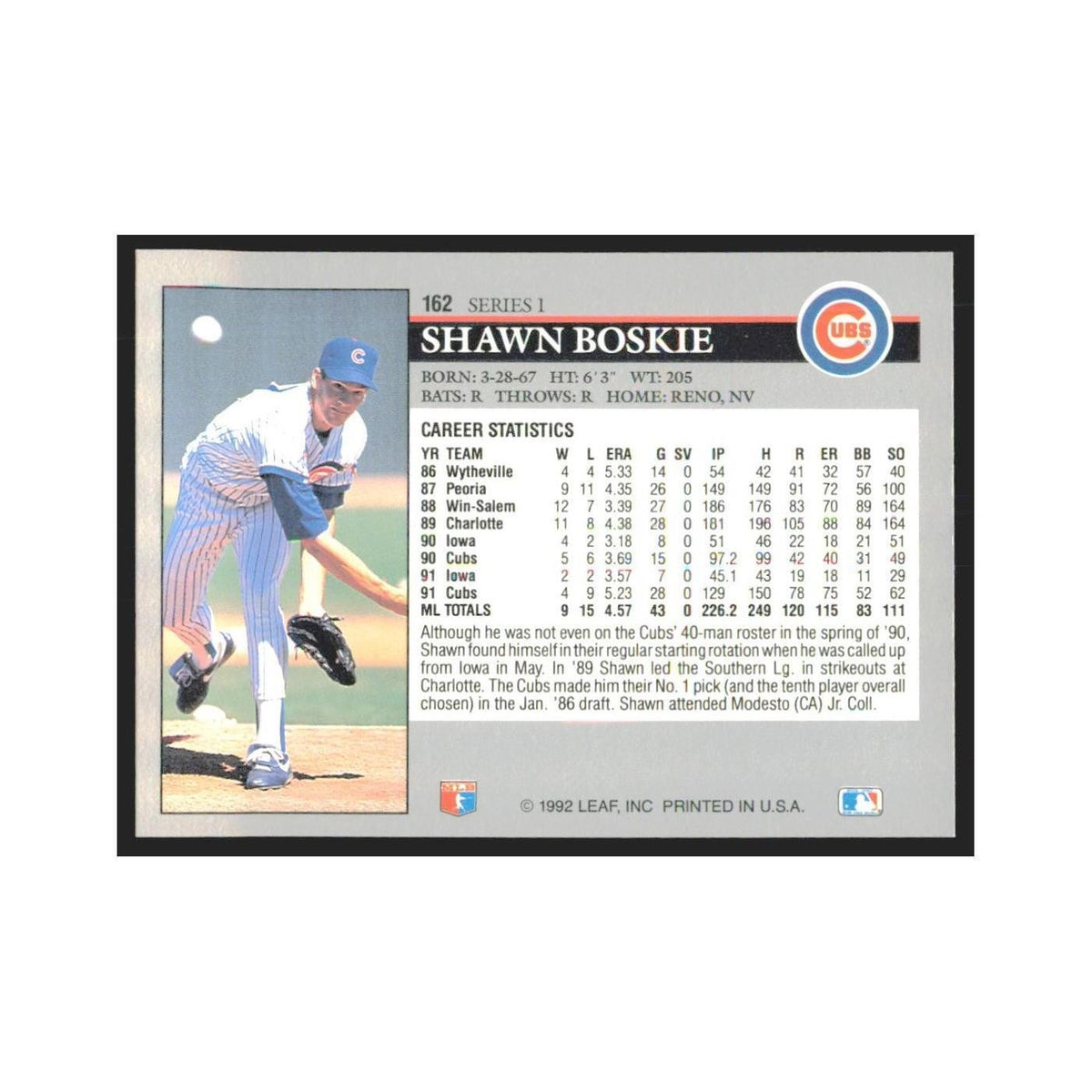 1992 Leaf Shawn Boskie Cubs #162.0