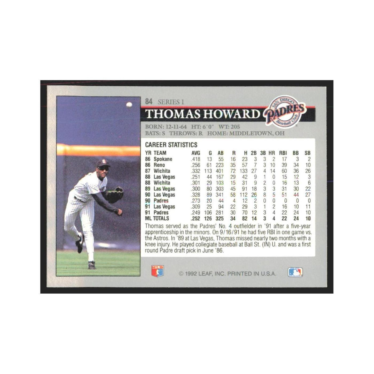 1992 Leaf Thomas Howard Padres #84.0