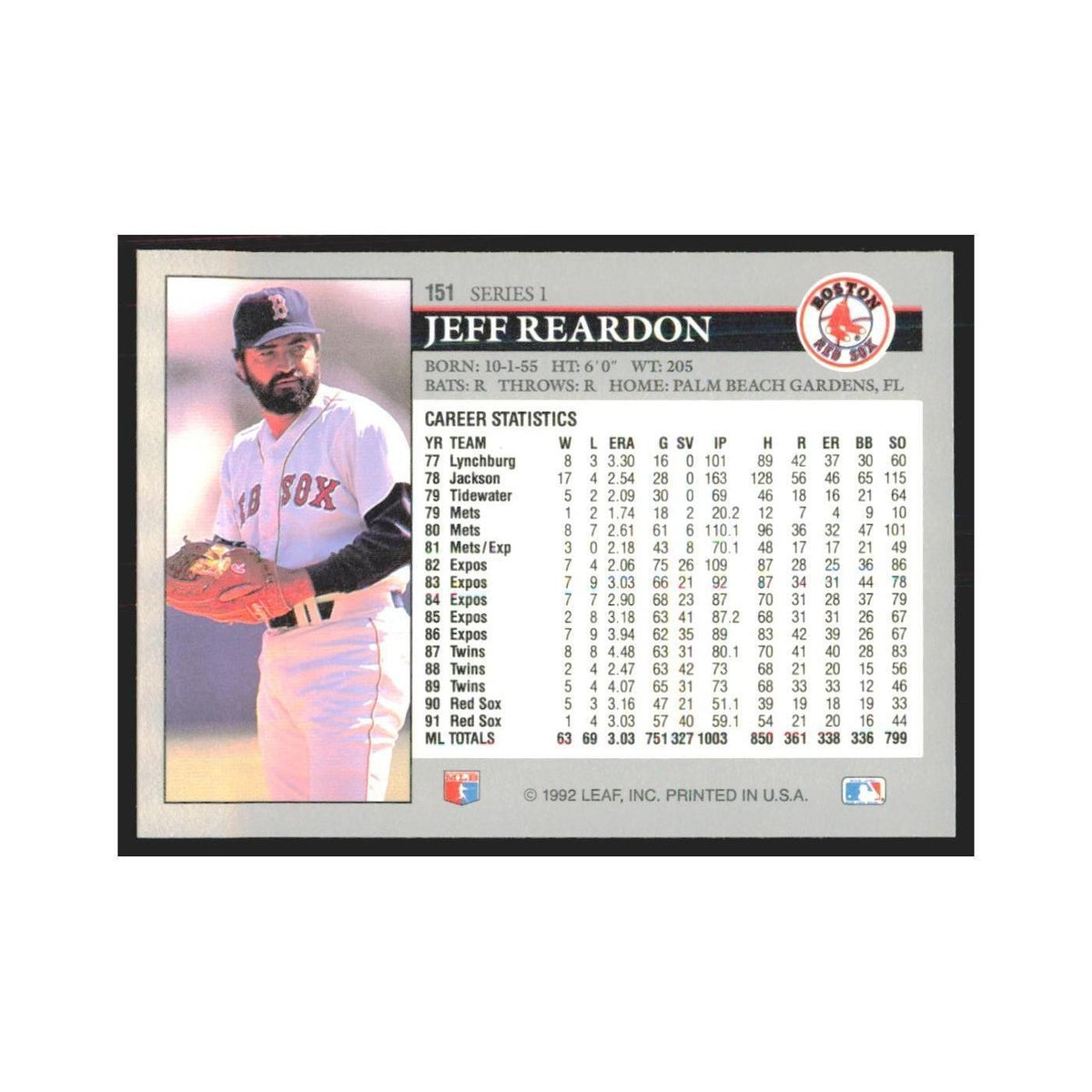 1992 Leaf Jeff Reardon Red Sox #151.0