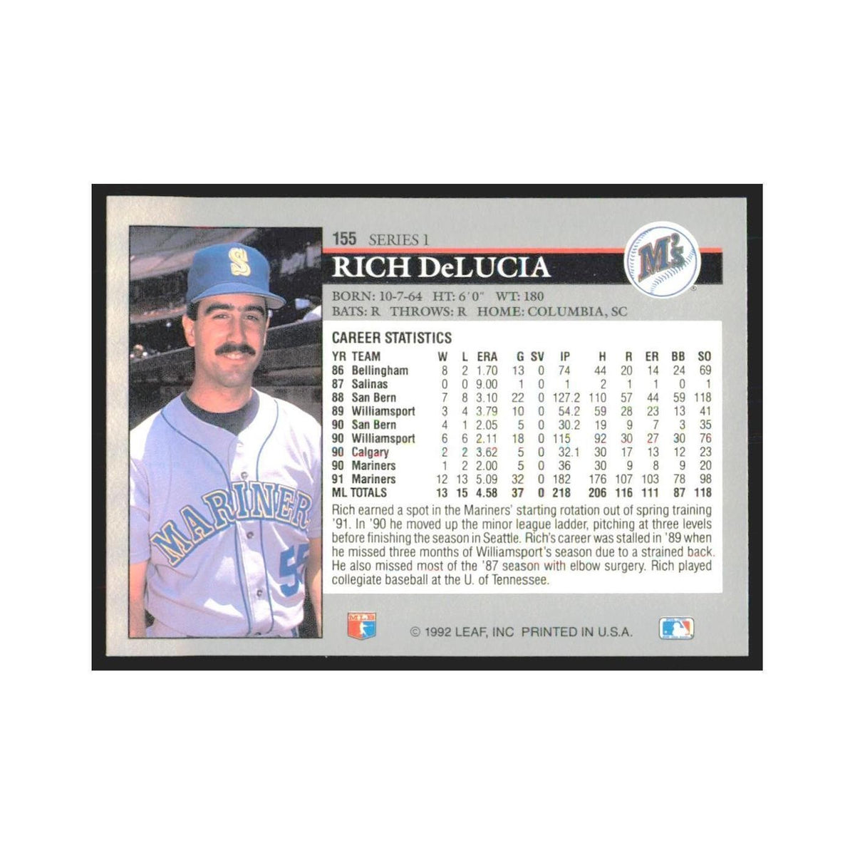 1992 Leaf Rich DeLucia Mariners #155.0