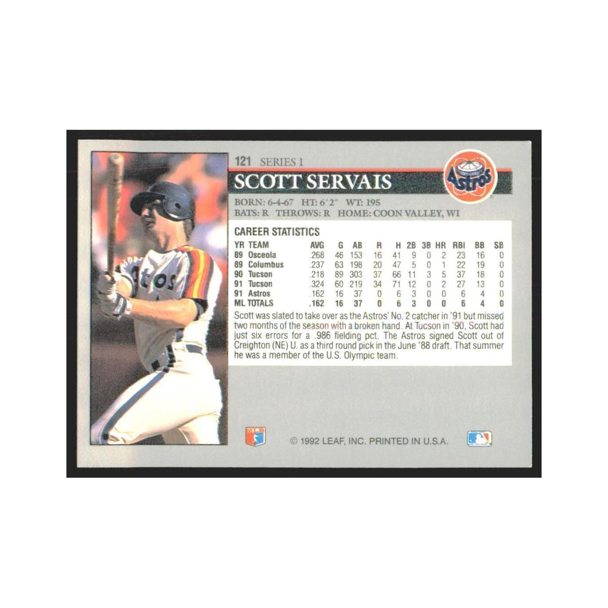 1992 Leaf Scott Servais Astros #121.0