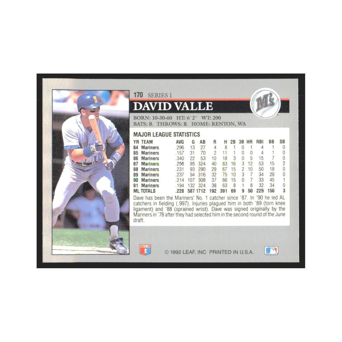 1992 Leaf David Valle Mariners #170.0