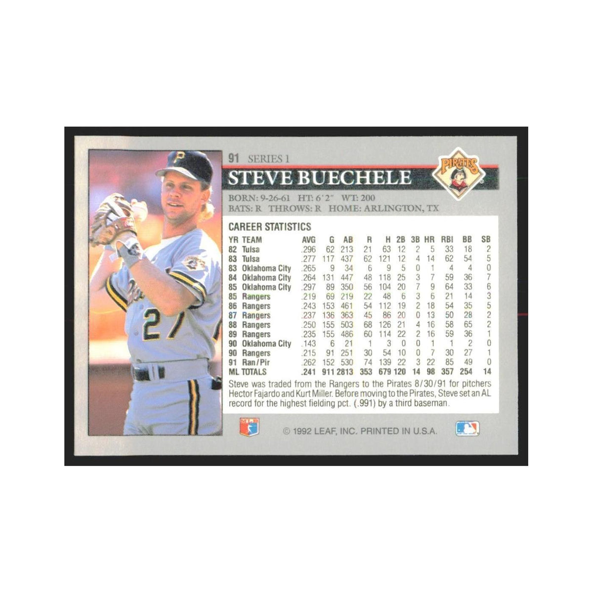 1992 Leaf Steve Buechele Pirates #91.0