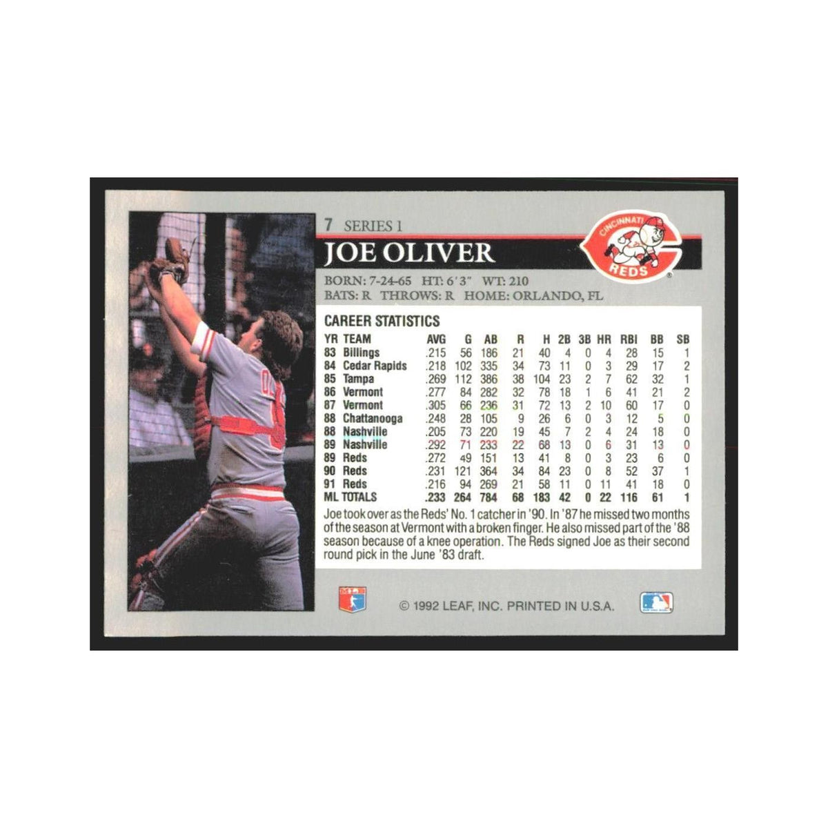 1992 Leaf Joe Oliver Reds #7.0