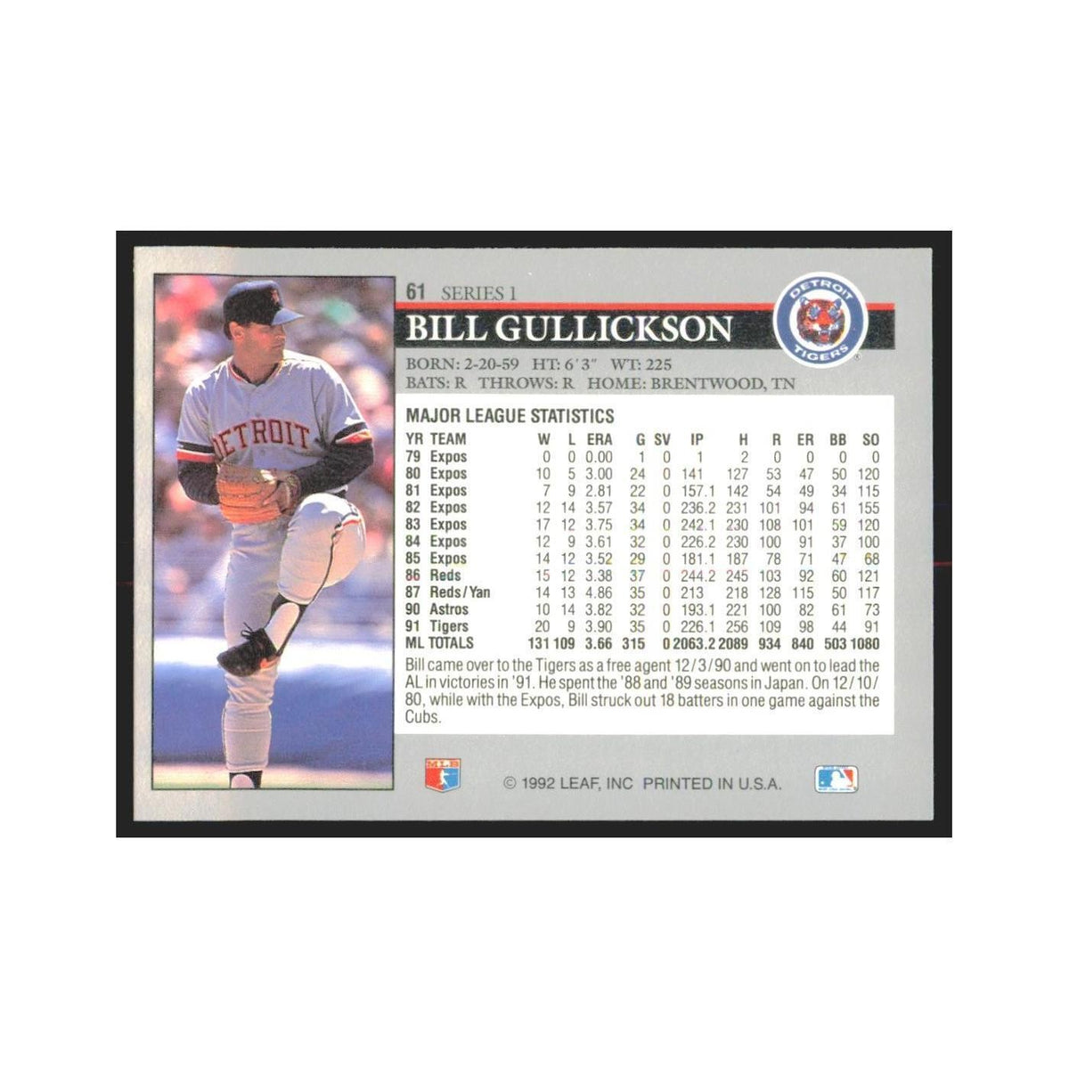 1992 Leaf Bill Gullickson Tigers #61.0