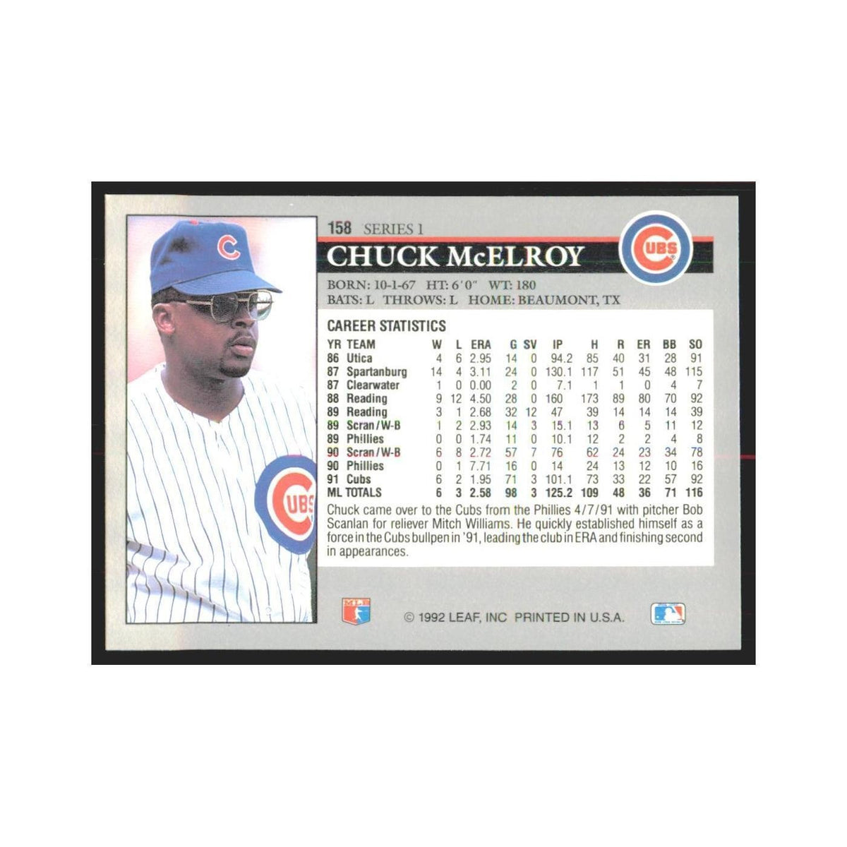 1992 Leaf Chuck McElroy Cubs #158.0