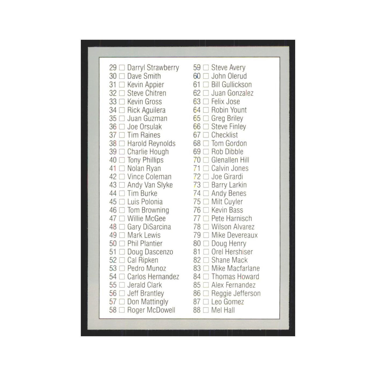 1992 Leaf Checklist Yankees #67.0