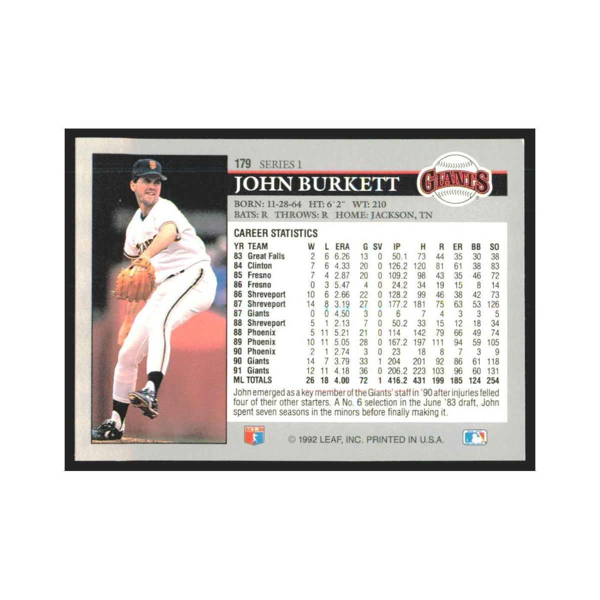 1992 Leaf John Burkett Giants #179.0