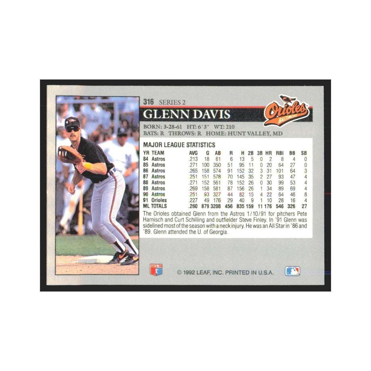 1992 Leaf Glenn Davis Orioles #316.0