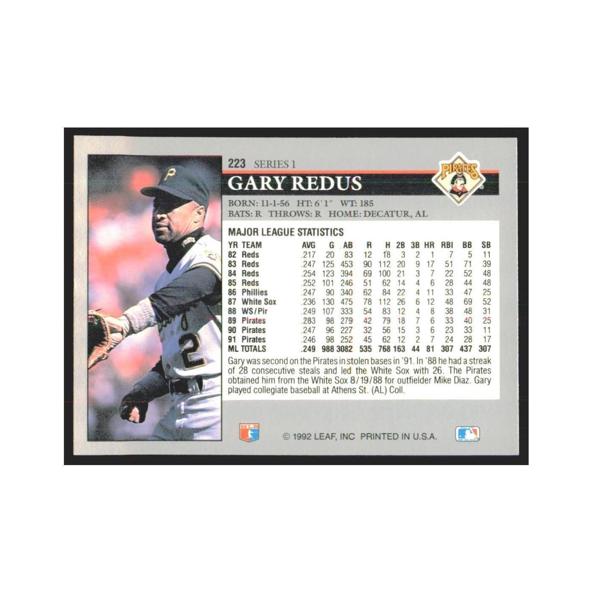 1992 Leaf Gary Redus Pirates #223.0