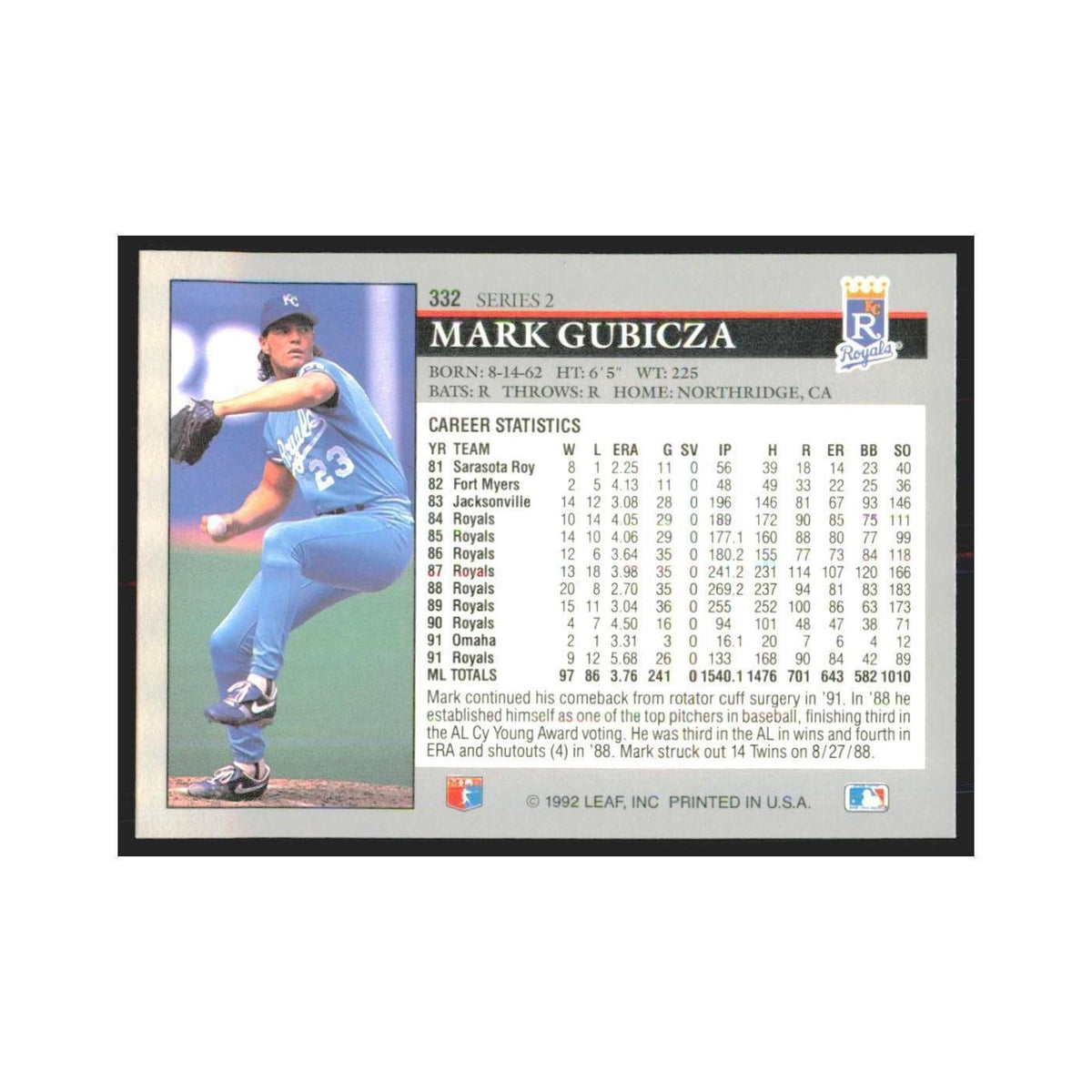 1992 Leaf Mark Gubicza Royals #332.0