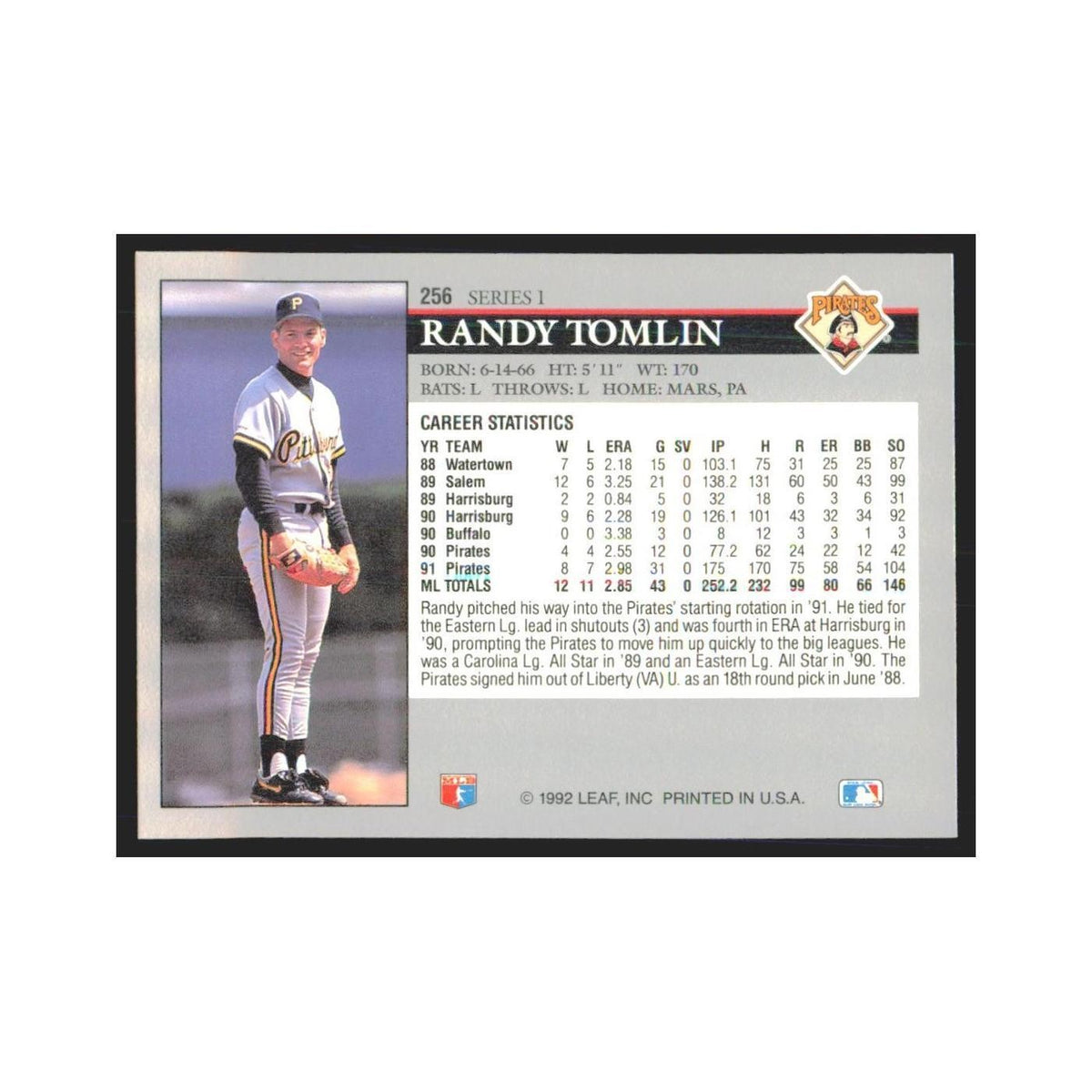 1992 Leaf Randy Tomlin Pirates #256.0