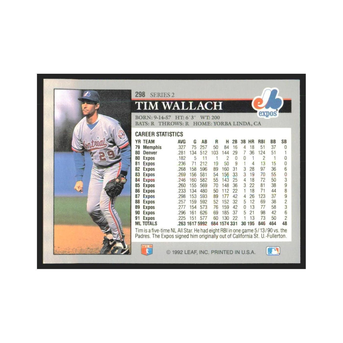 1992 Leaf Tim Wallach Montreal Expos #298.0