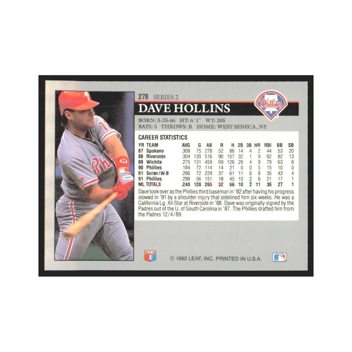 1992 Leaf Dave Hollins Phillies #278.0