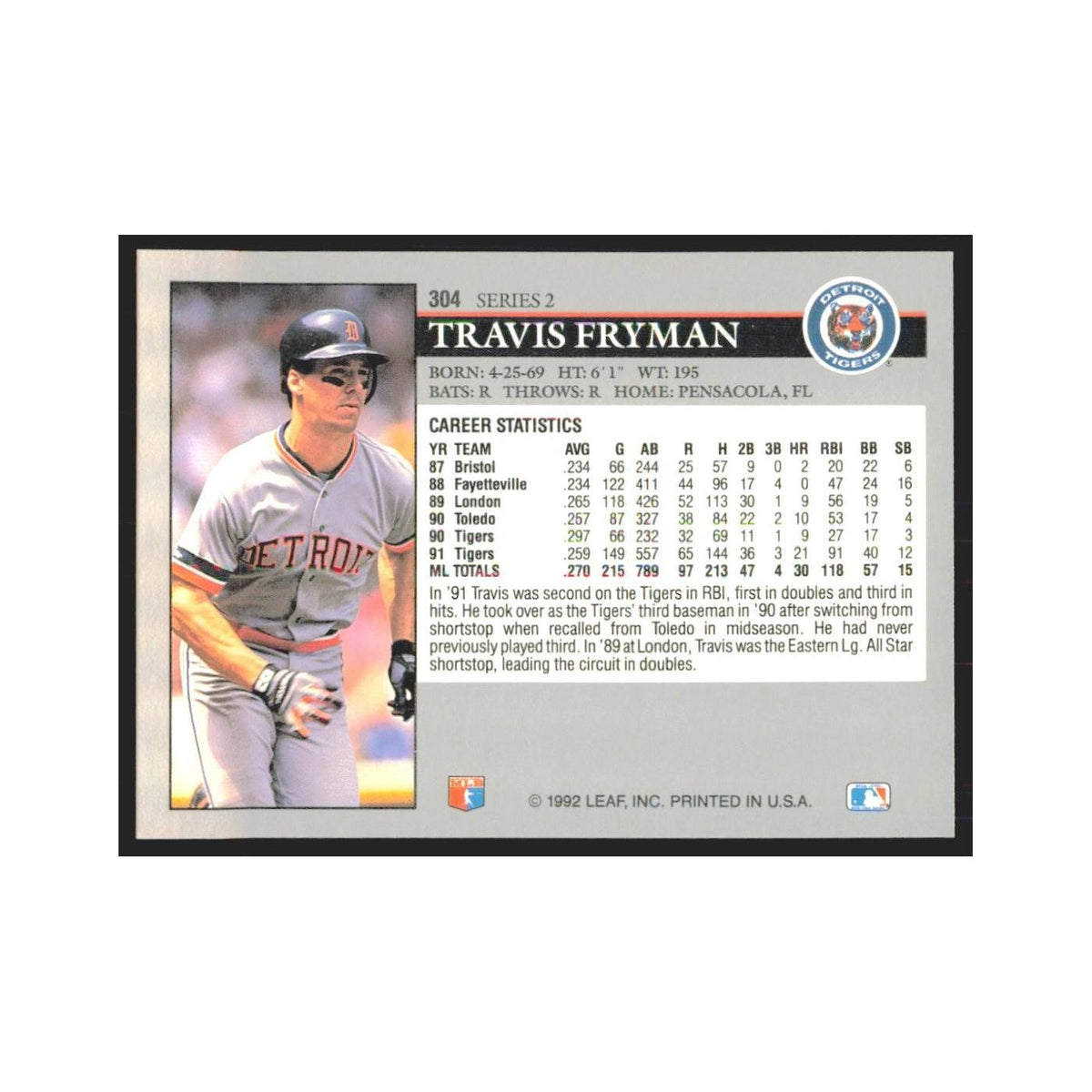 1992 Leaf Travis Fryman Tigers #304.0