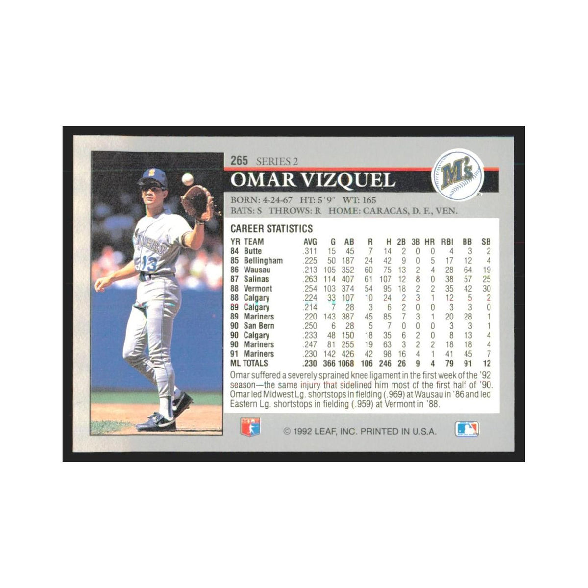 1992 Leaf Omar Vizquel Mariners #265.0